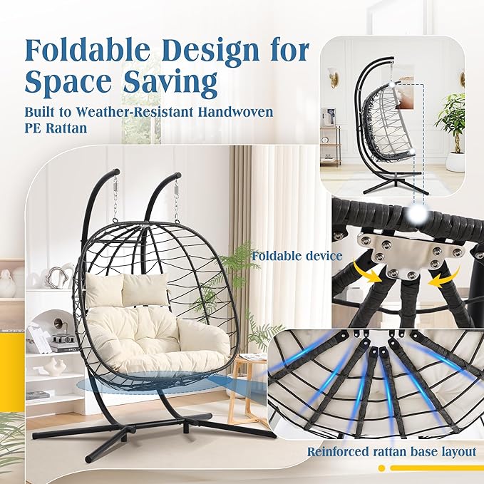 Double Egg Chair with Stand Foldable 2 Person Hanging Swing Chair with Cushion Wicker Rattan Hammock Swing Chair Indoor Outdoor Loveseat 650 LBS Capacity for Patio Bedroom Balcony Garden