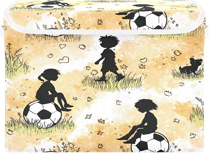 Orange Kids Soccer Ball Grass Storage Box with Lid 1 PC Foldable Storage Bin with Lids Stackable Storage Bins Cube Closet Organizer Basket with Flip-Top Lid &amp Handles for Shoes Books Towels