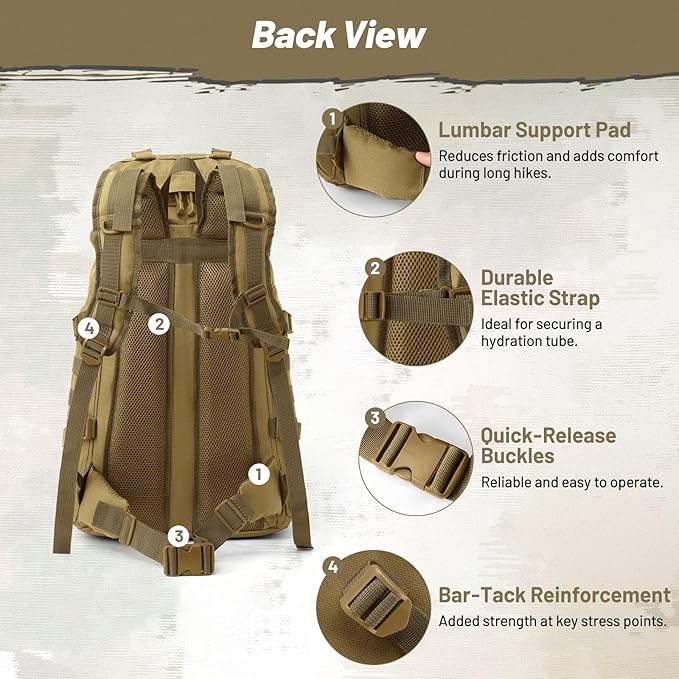 50L Tactical Backpack for Men and Women Water-Resistant Molle Rucksack Large Military Assault Pack for Hiking Hunting Camping Gym &amp Outdoor Survival Khaki