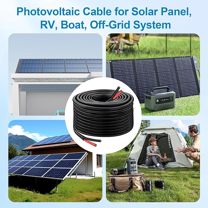 XRDS -RF 10AWG Solar Extension Cable 50FT with Flame-Retardant Protective Sleeving Tinned Copper PV Wire Flexible Outdoor Photovoltaic Cable for Solar Panel RV Boat Off-Grid System
