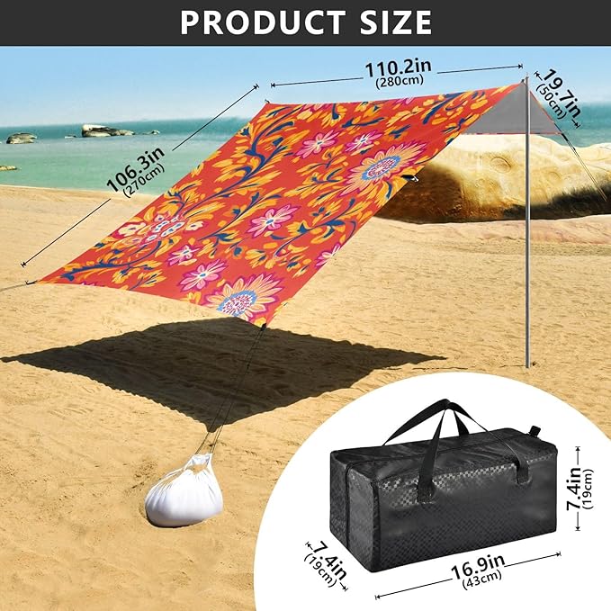 ALAZA Indian Ethnic Floral Beach Tent Sun Shelter Portable Canopy Sunshade for Outdoor Camping Picnics Backyard Fun 10x9 ft