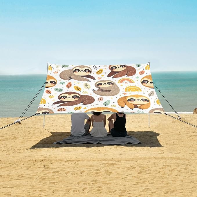 Playful Sloth Beach Tent Sun Shelter Set UPF50+ UV Protection 10.5 x 9.19 FT Camping Shade Canopy with Sandbags Sand Anchors Carrying Bag and Others