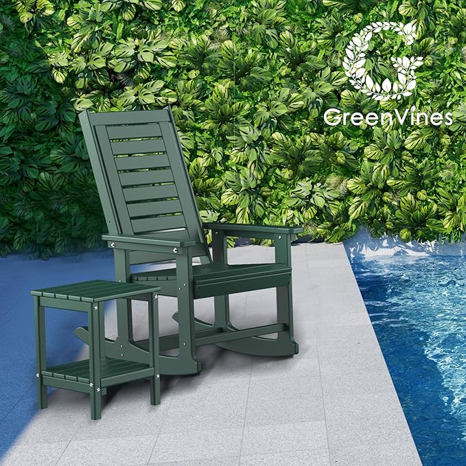 GREENVINES Outdoor Rocking Chairs | Set of 4 | Porch Rocker | HDPE Plastic | Forest | Oversized Rockers | High Back | Big &amp Tall | Ladder Back | for Patio Outside Backyard Balcony Garden