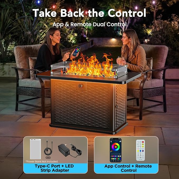 Ciays 43 Rectangular Propane Fire Pit with RGB Lighting Strip – 60000 BTU Gas Fire Pit Table Glass Stones Wind Guard Adjustable Flame Outdoor Fire Pit for Patio &amp Garden Black