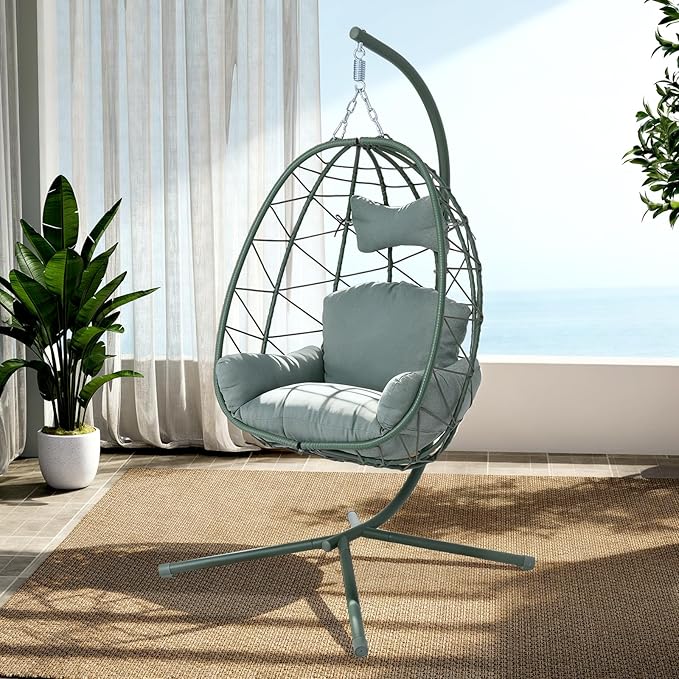 Hanging Egg Chair with Stand Outdoor Indoor Patio Rattan Swing Hammock Chairs with Washable Cushion PE Wicker Swing Chair for Backyard Bedroom Garden (Dark Green + Dark Green Cushion No Footrest)