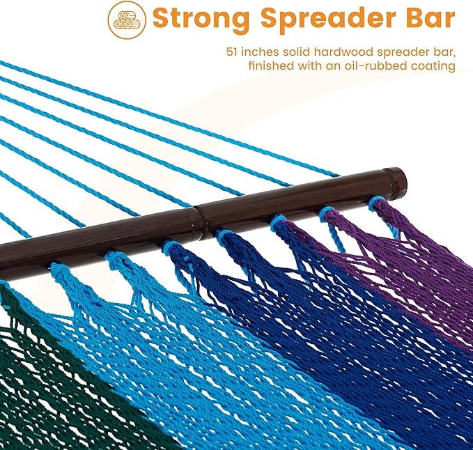 Lazy Daze Hammocks 10.5 FT Double 2 Person Caribbean Rope Hammock Hand Woven Polyester Hammock with Spreader Bars for Outside Outdoor Backyard Patio Poolside 450 LBS Capacity Rainbow