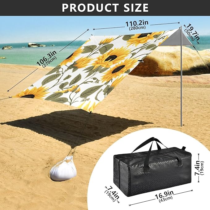ALAZA Sunflowers on White Beach Tent Sun Shelter Portable Canopy Sunshade for Outdoor Camping Picnics Backyard Fun 10x9 ft