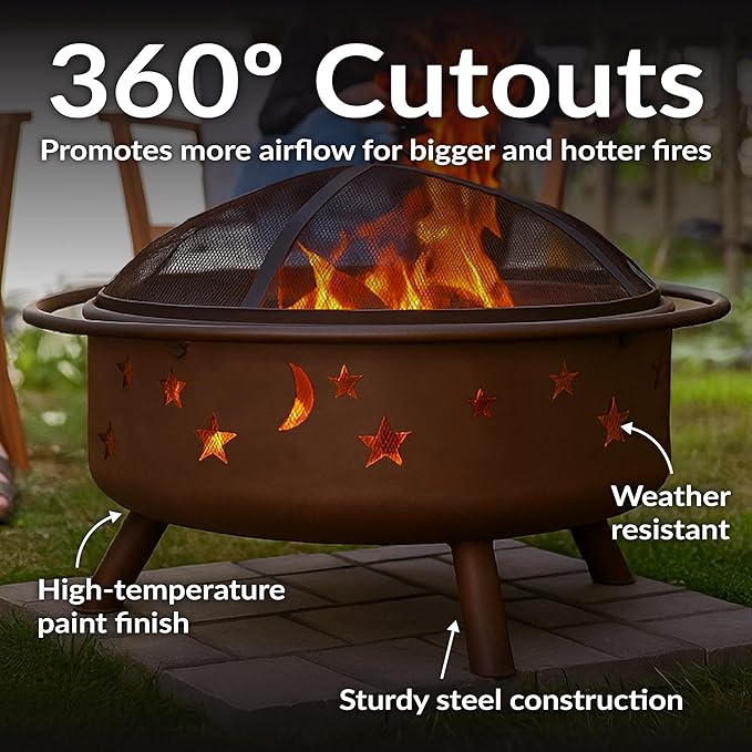 Sunnydaze Cosmic 30-Inch Patio Fire Pit for Outside - Outdoor Wood-Burning Fire Pit with Grill Grate Spark Screen and Fireplace Poker