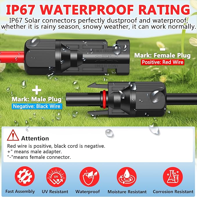 Vansdon 2x100 Feet Solar Panel Extension Cable 12AWG Solar Panel Cable Solar Wire with Female and Male Waterproof Connectors for RV Photovoltaic Systems (100FT Red + 100FT Black)