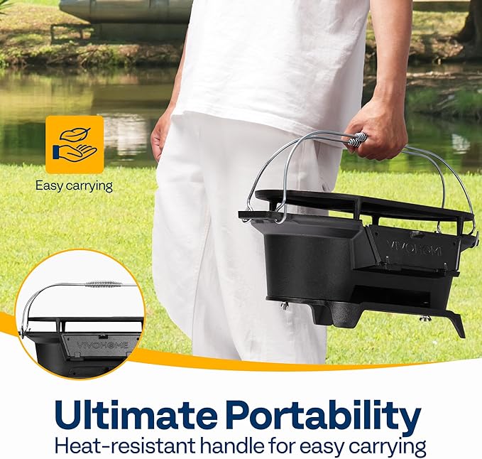 VIVOHOME Oval Cast Iron Grill with Interchangeable Grates &amp Griddle 2 Furnace Doors for Heat Control Includes Gloves Poker and UV-Resistant Cover
