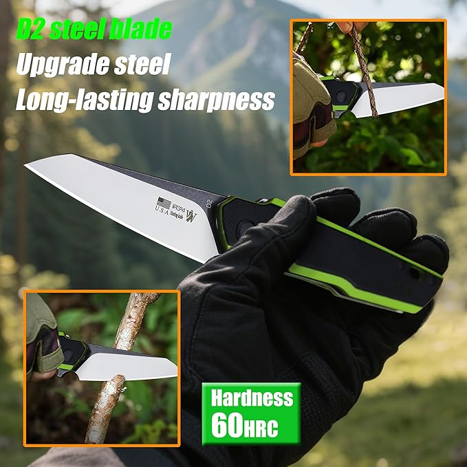 WPKOPYA 7.8in Folding Pocket Knife with D2 Steel Blade G10 Handle Ball Bearing Pivot Stonewashed Finish – Outdoor EDC Utility Tool for Camping Hiking Survival Use(G10 - Black/Green)