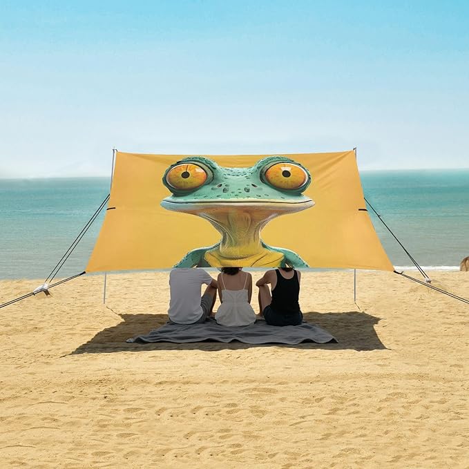 ALAZA Lizard Funny Frog Beach Tent Sun Shelter UPF50+ Protection Beach Shade Canopy w/ 4 Sandbags for Outdoor Camping Fishing Backyard Fun Picnic 10x9 ft