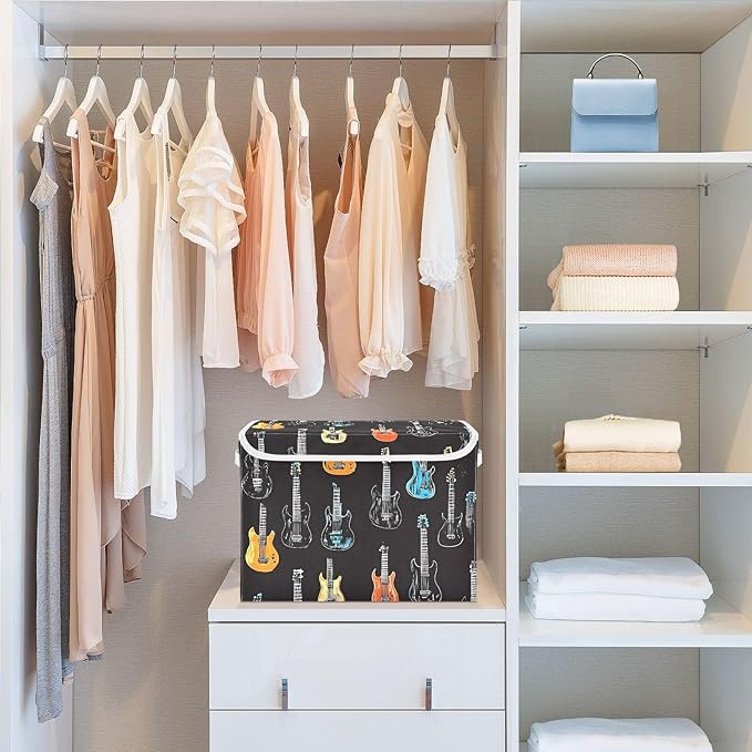 Storage Cube with Lid Cartoon Guitars Print 16.5×12.6×11.8 IN 1 Pack Collapsible Large Capacity Foldable Storage Basket Bin Organizer