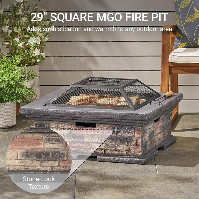 29 Inch Square Wood Burning Fire Pit MGO Outdoor Fire Pit Table Durable Patio Fire Pit for Backyard Garden Camping 29x29x15.5 Inch Compact Design Warm Gathering Ambiance