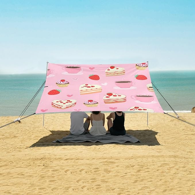 Beach Canopy with Windproof Ropes &amp Sandbags Beach Tent Sun Shade Sun Shelter for Camping Trips Fishing Backyard Fun or Picnics Cake