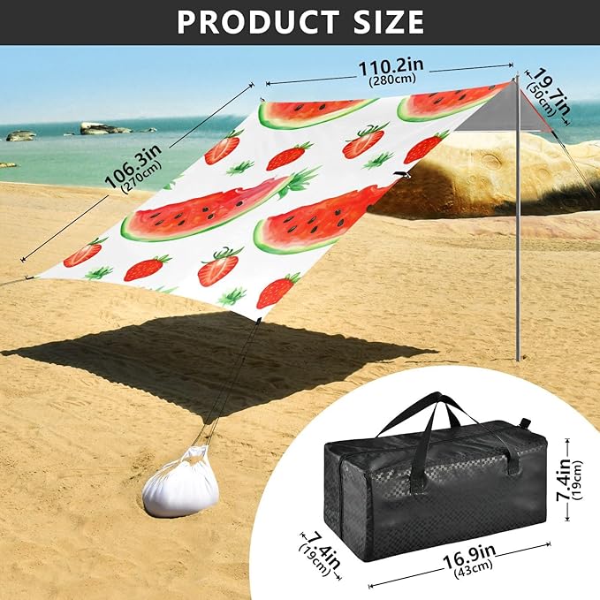 Beach Canopy with Windproof Ropes &amp Sandbags Beach Tent Sun Shade Sun Shelter for Camping Trips Fishing Backyard Fun or Picnics Watermelon
