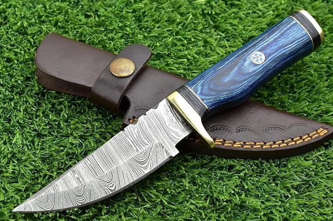 8-Inch Hand-Forged Damascus Steel Hunting Knife Fixed Blade Skinning Design with Leather Sheath Multicolor Wood Handle Brass Guard Twist Pattern Blade for Camping (Blue)