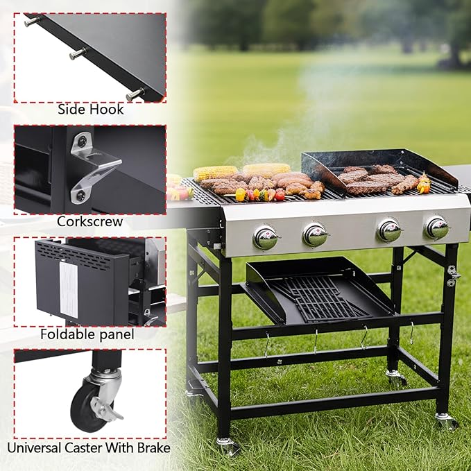 4-Burner Propane Gas Grill and Griddle Combo Stainless Steel Propane Grill 36900 BTU Outdoor Cabinet Style with Wheels Wire Rack and Two Foldable Side Table (2 Grill Pans + 2 Grills)
