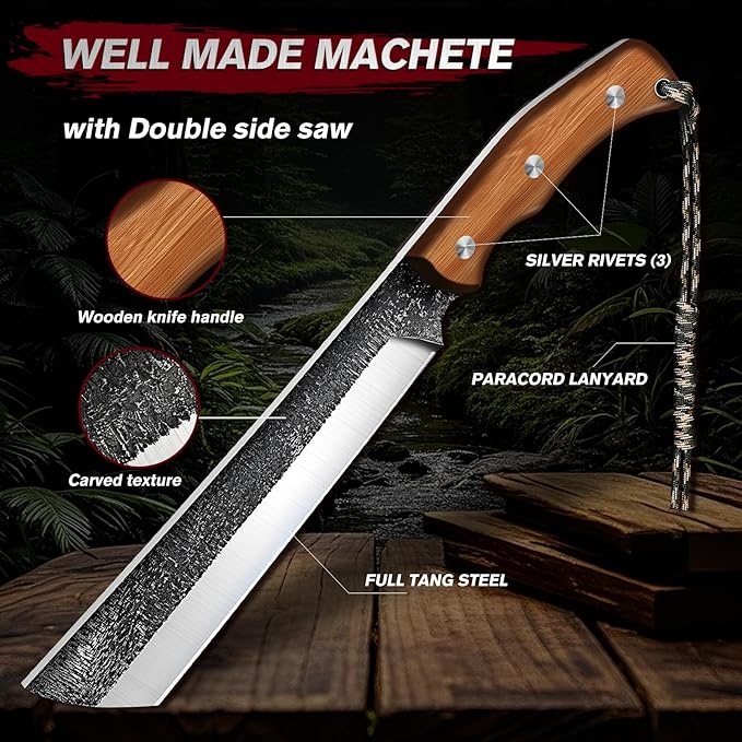 MDHAND Japanese Machete Knife with Ergonomic Full Tang Handle and Wood-Leather Sheath Heavy Duty High Carbon Steel Machete Knife for Bushcraft Survival Outdoor Hunting and Camping Gifts for Men