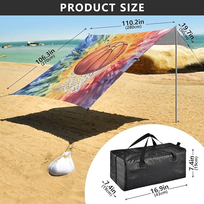 ALAZA Basketball Tie Dye Beach Tent Sun Shelter UPF50+ Protection Beach Shade Canopy w/ 4 Sandbags for Outdoor Camping Fishing Backyard Fun Picnic 10x9 ft