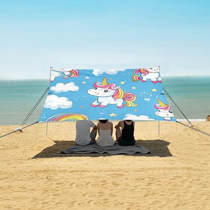 ALAZA Cute Rainbow Unicorns Cartoon Beach Tent Sun Shelter UPF50+ Protection Beach Shade Canopy w/ 4 Sandbags for Outdoor Camping Fishing Backyard Fun Picnic 10x9 ft