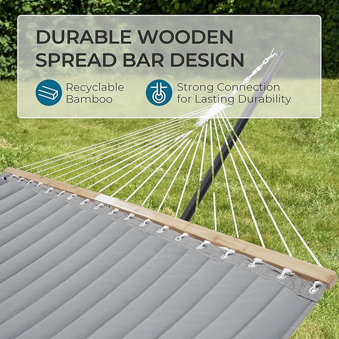 SUPERJARE Hammock with Stand 2 Person Quilted Outdoor Hammock Detachable Pillow &amp Bamboo Spreaders Portable Hammock with Carrying Bag Heavy Duty Stand Perfect for Outside Patio Gray