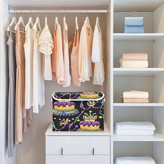 Christmas Storage Baskets with Lids Mardi Gras Carnival Cake Collapsible Bins Stackable Fabric Linen Baskets Closet Organizer Container 16.5x12.6x11.8