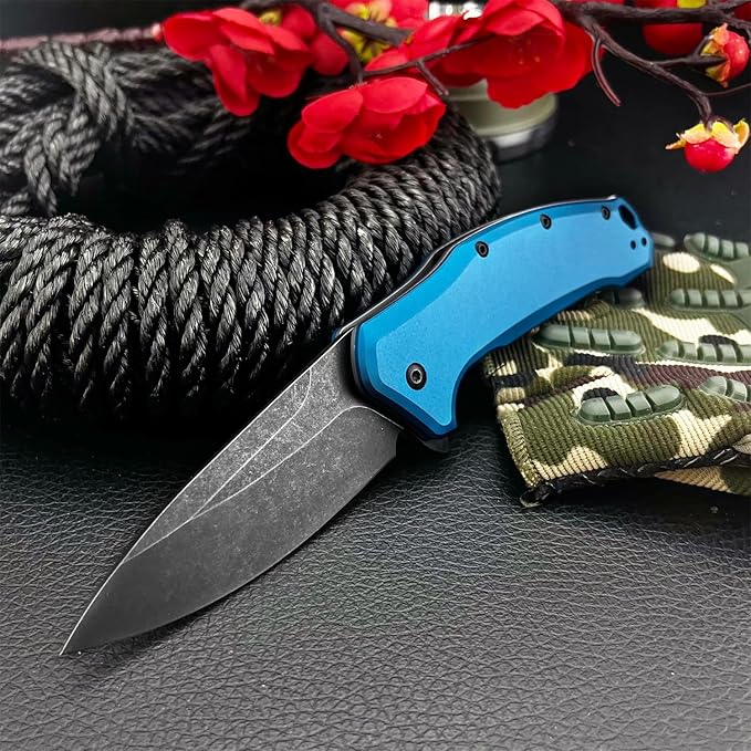Outdoor Assisted Flipper Folding Pocket Knife 3.23 8Cr13Mov Steel Blade Blue Aluminum Handle EDC Knife for Camping Hiking Fishing Gift