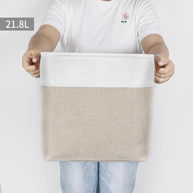 Collapsible Fabric Storage Cubes 11x11 Cube Storage Bins 4 Pack Closet Baskets Box with Handles for Organizing Shelf Toys Clothes Home Office Nursery (Beige&ampWhite)