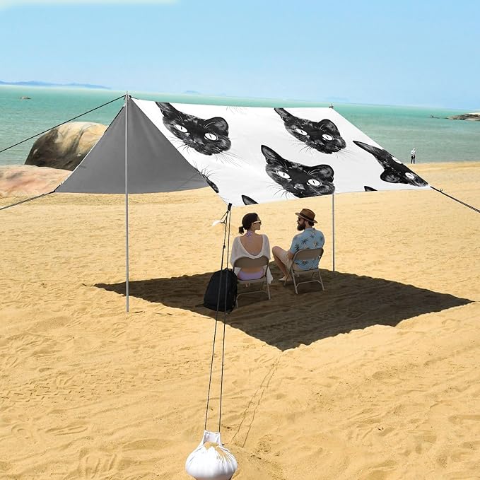ALAZA Black Cats Heads Pattern Beach Tent Sun Shelter UPF50+ Protection Beach Shade Canopy w/ 4 Sandbags for Outdoor Camping Fishing Backyard Fun Picnic 10x9 ft