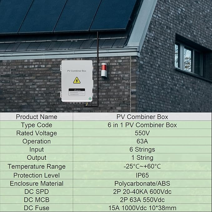 Solar Combiner Box HXH PV Combiner Box 6 String with a 550V 2P 63A DC Circuit Breakers &amp Lightning Arreste for Solar Panels IP 65 Waterproof