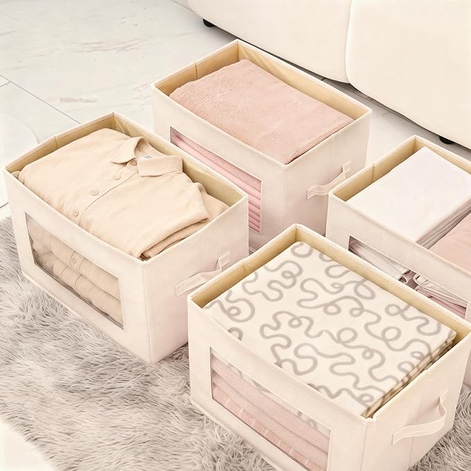3-Pack Storage Bins with Lids Fabric Foldable Storage Bins with Soft Cord Handles Canvas Storage Bin with Lid for Organizing Clothes Blankets and Books Beige