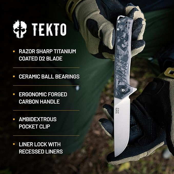 TEKTO KNIVES F1 Alpha Folding Pocket Knife - Modified Straight Back Blade Titanium Coated D2 Steel Ideal for Camping &amp Backpacking Tactical Forged Carbon Fiber Handle Silver Titanium Accents