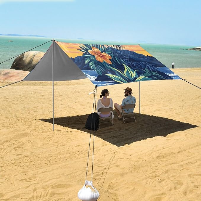 ALAZA Hawaiian Palm Flower Beach Tent Sun Shelter UPF50+ Protection Beach Shade Canopy w/ 4 Sandbags for Outdoor Camping Fishing Backyard Fun Picnic 10x9 ft