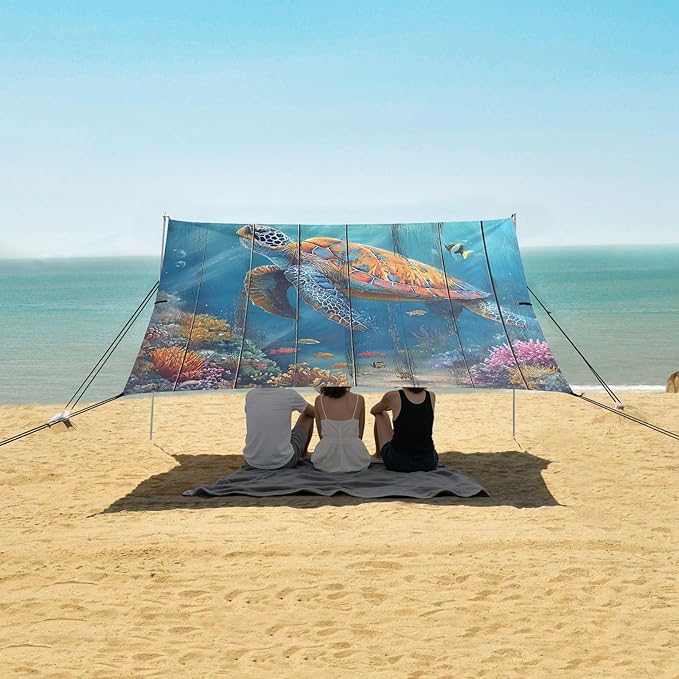 ALAZA Sea Turtle Ocean Coral Beach Tent Sun Shelter UPF50+ Protection Beach Shade Canopy w/ 4 Sandbags for Outdoor Camping Fishing Backyard Fun Picnic 10x9 ft