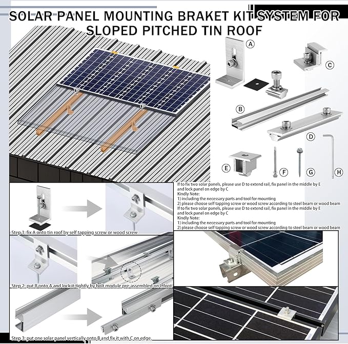 Tandefio Solar Panel Mounting Kit to Mount for 1 or 2 Solar Panels Within 76 cm Aluminum Solar Panel Roof Mounts Bracket Kit for Wood Tin Roof