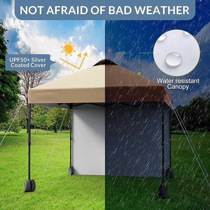 10x10ft Pop Up Canopy Tent with SidewallOutdoor Freestanding Sun Shelter Picnic and CampingInstant Shade Tent with Vented Roof for Beach &amp Events - Includes Storage BagSandbagsStakes&ampRopes