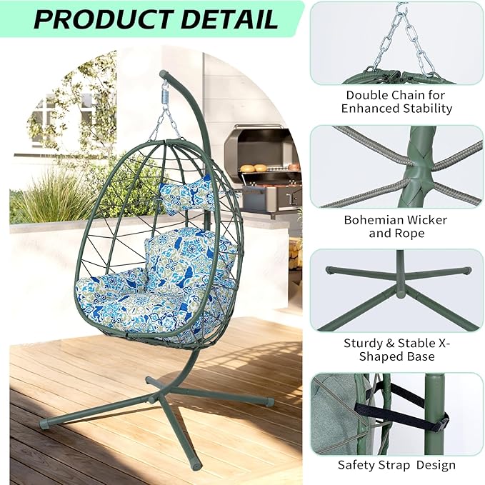 Hanging Egg Chair with Stand Outdoor Indoor Patio Rattan Swing Hammock Chairs with Washable Cushion PE Wicker Swing Chair for Backyard Bedroom Garden (Dark Green + Floral Cushion No Footrest)