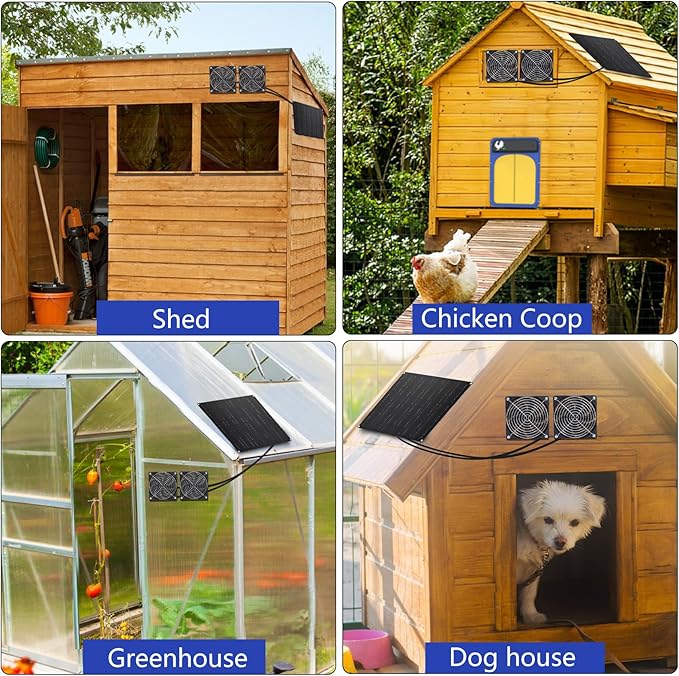 15W Solar Fan Dual Metal Shell Exhaust Fan Kit for Chicken Coops Greenhouses Sheds Pet Houses and Windows
