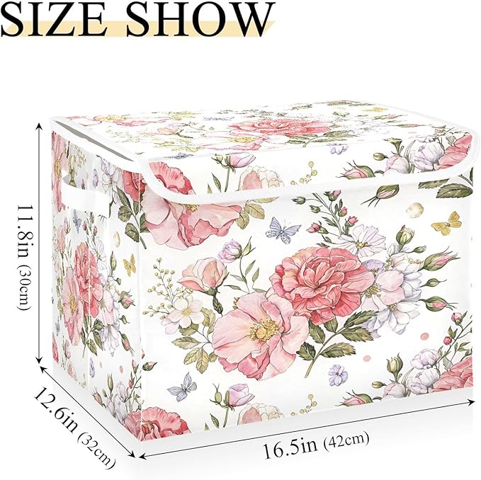 Flower Storage Bins with Lids Decorative Fabric Storage Boxes with Handles Closet Organizer Foldable Christmas Basket Baby Basket for Nursery Bedroom Office