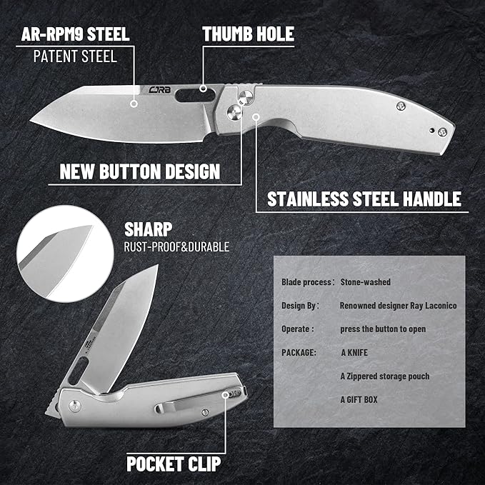 CJRB Pocket EDC Knife Ekko(J1929) Button Lock Small Folding Knife AR-RPM9 Steel Blade and Silver Stainless Steel Handle Outdoor for Men Women