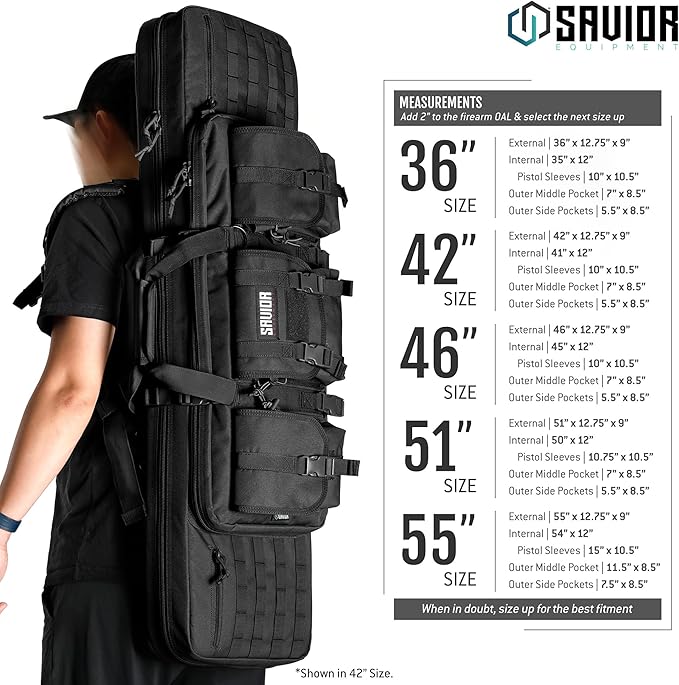 Savior Equipment American Classic Tactical Double Long Gun Bag Pistol Transportation Case w/Backpack Strap Lockable Compartment Available Length in 32 36 42 46 51 55