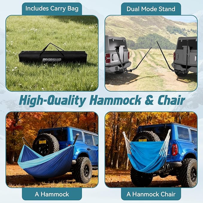 Hitch Mount Hammock &amp Chair Stand - Fits 2in Hitch Receiver - Includes Parachute Nylon Hammock Hammock Chair &amp Storage Bag - for Camping Outdoor Travel (350lbs Weight Capacity)