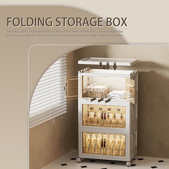 108 QT / 27 Gal Stackable Storage Bins (1 Lid) w/Wheels &amp Magnetic Doors Collapsible Plastic Organizer Cabinet for Closet Office Garage - White Storage Containers