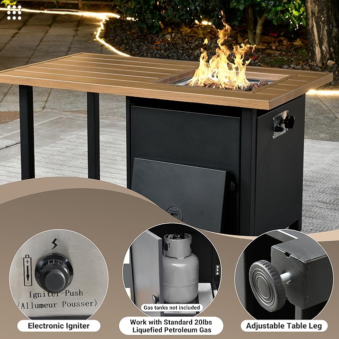 OVIOS 46 Inch Outdoor Patio Fire Pit Table 50000 BTU Heater Metal Steel Frame Propane Firepits with Storage Space Wood-Like Tabletop Waterproof Cover Lid Lava Rock Black