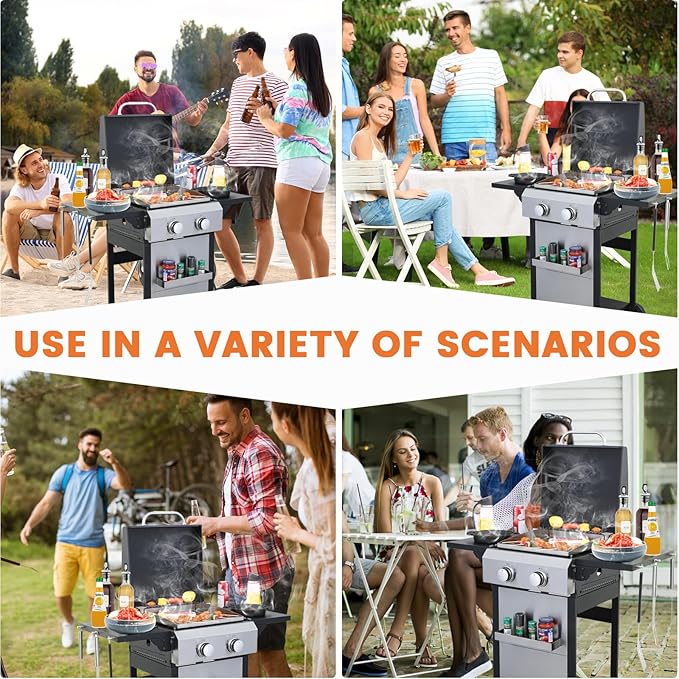 2-Burner Propane Gas BBQ Grill SS Plancha 24600BTU Stainless Steel Barbecue Grill With Wire Enamel Cooking Grids Foldable Side Table for Outdoor Camping (Style9: 2-Burner with SS Plancha)
