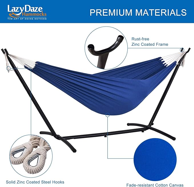 Lazy Daze Hammocks Double Hammock with 9ft Space-Saving Steel Stand Includes Portable Carrying Case 450 Pounds Capacity (Dark Blue)