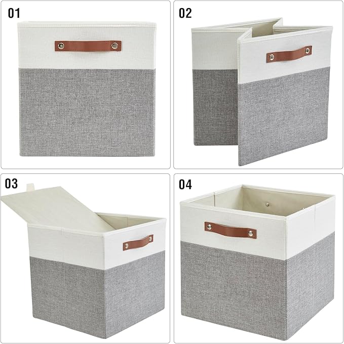 Collapsible Fabric Storage Cube Bins with 2 Reinforced PU Handles Foldable Storage Organizer Baskets for Closet Shelves Living Room | 13x13x13 4 Pack Gray &amp White