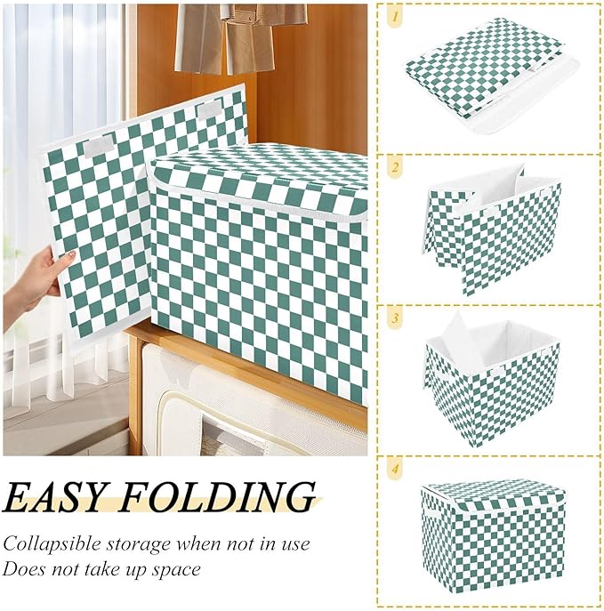 Teal Green White Checkered Storage Bins with Lids Foldable Storage Boxes Cube Closet Storage Baskets Container Organizers for Home Bedroom Office