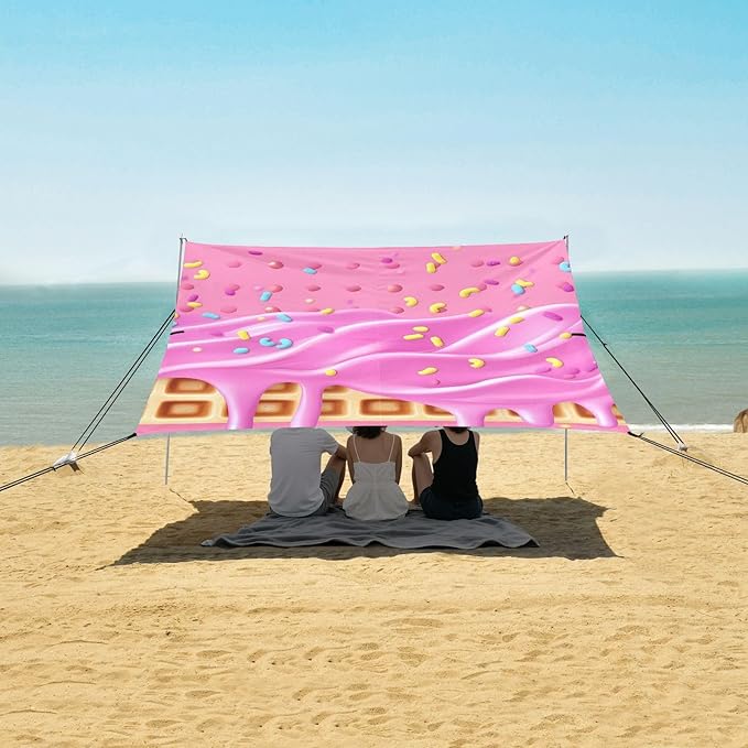ALAZA Pink Ice Cream Sprinkles Waffle Beach Tent Sun Shelter Portable Canopy Sunshade for Outdoor Camping Picnics Backyard Fun 10x9 ft